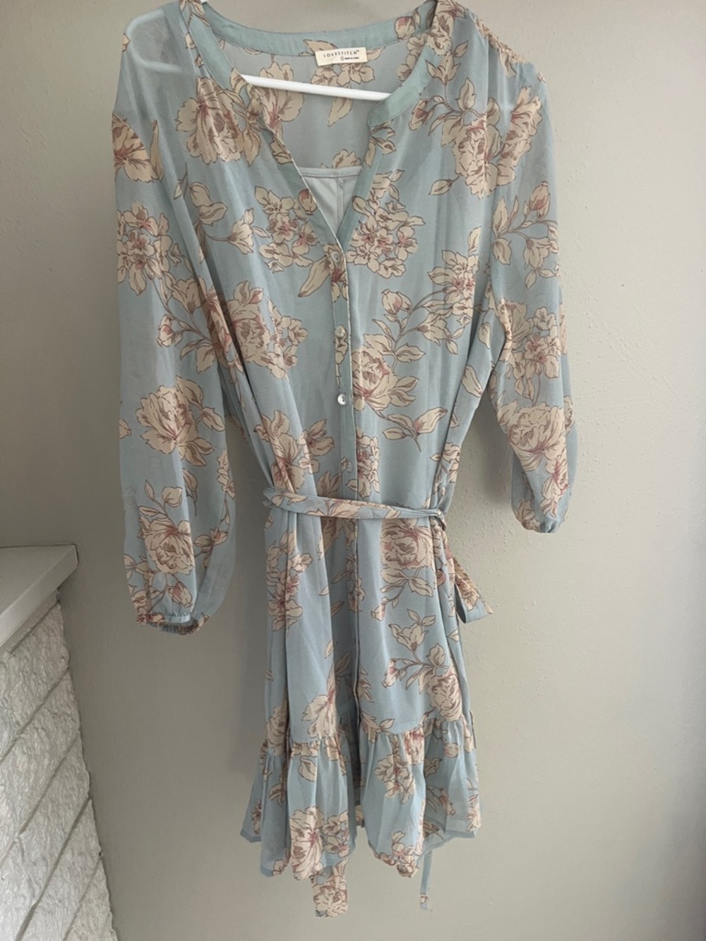 Love Stitch Light Blue Floral Tie-Waist Long Sleeve Dress